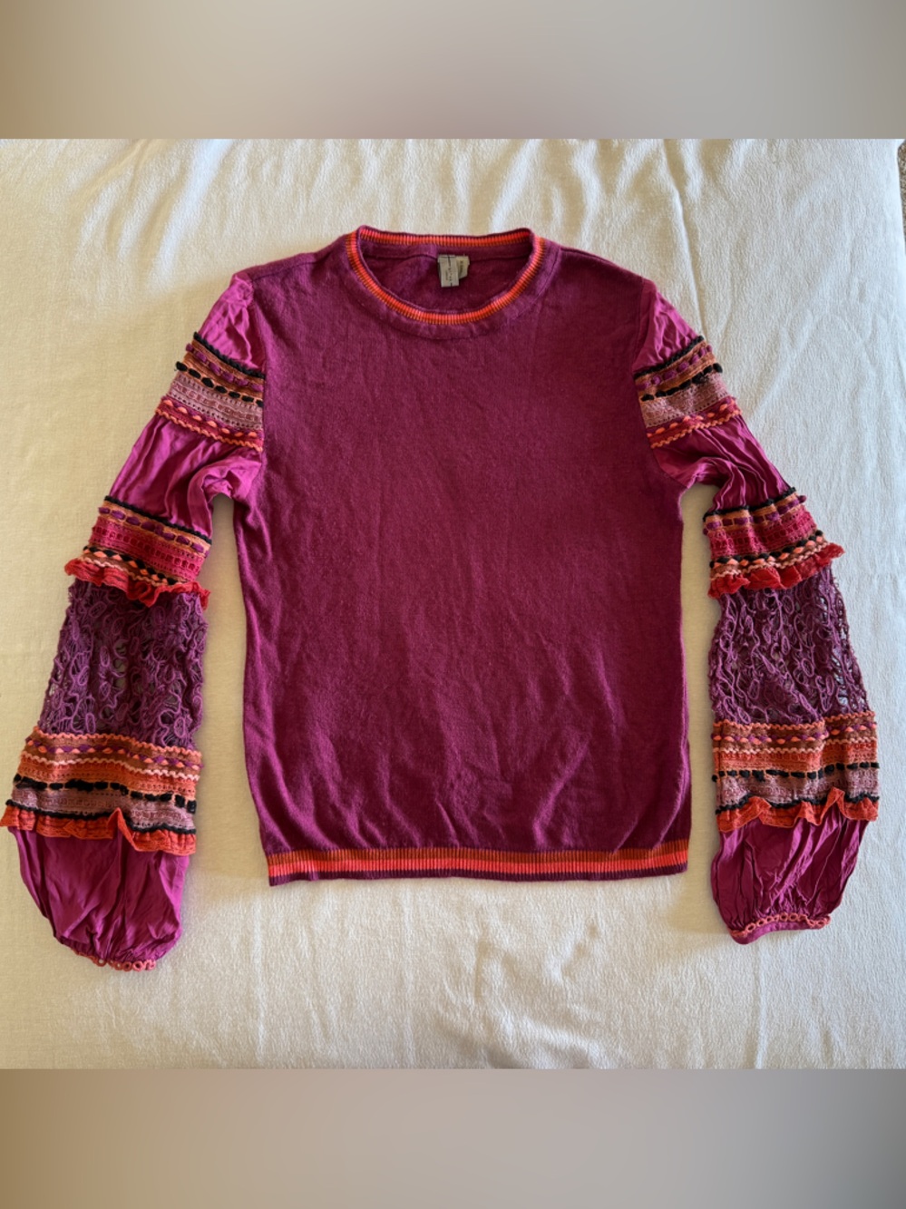 Anthropologie Blank London Emeryl Lace Contrast Sweater Boho Puff Sleeve XS - Picture 2 of 8